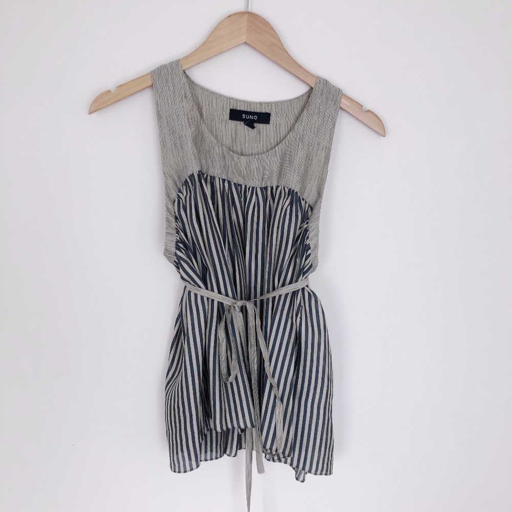 SUNO Yoke Pleated Striped Tank Blouse